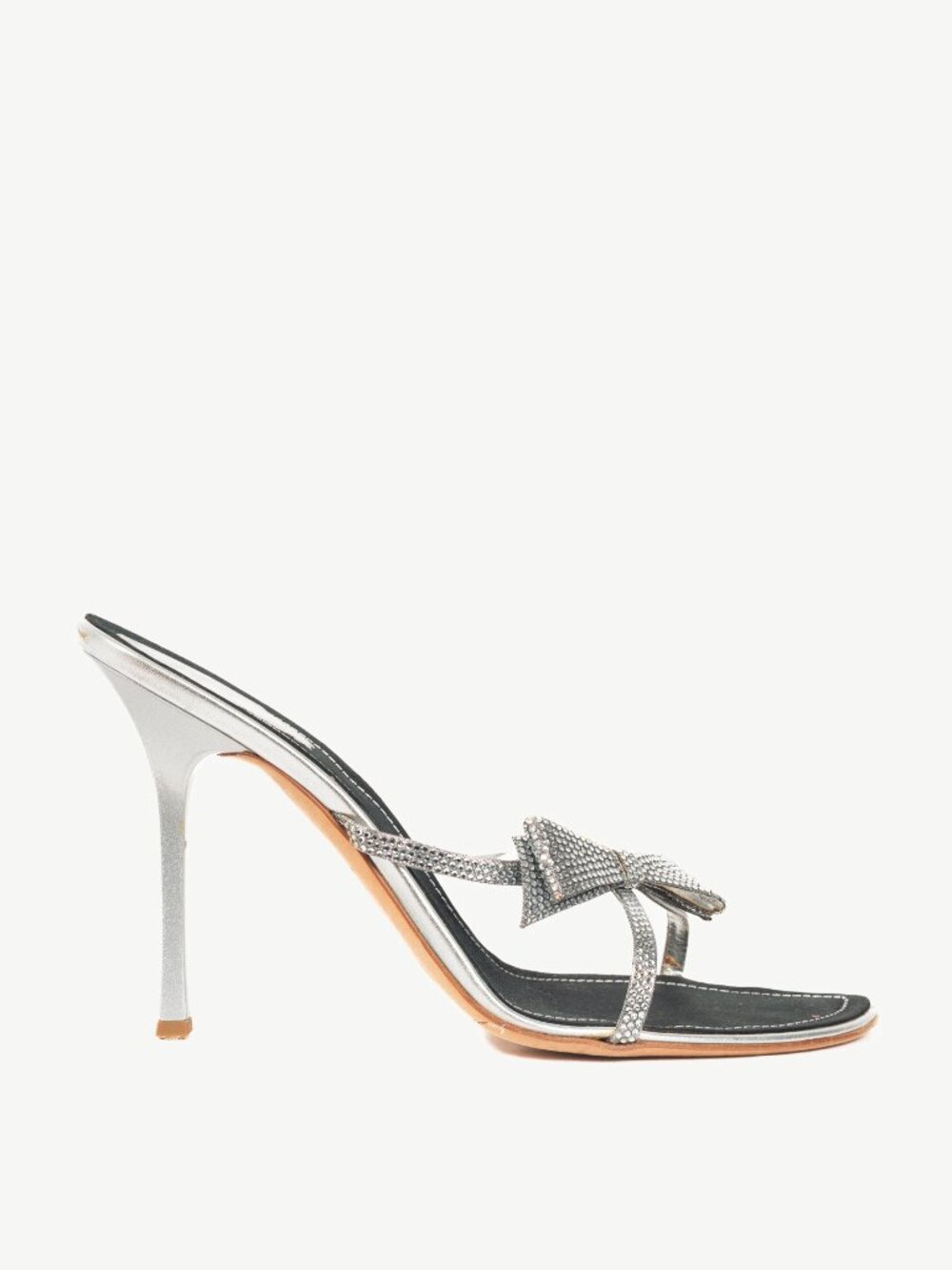 Rene Caovilla Silver Rhinestone Bow Mule Sandals